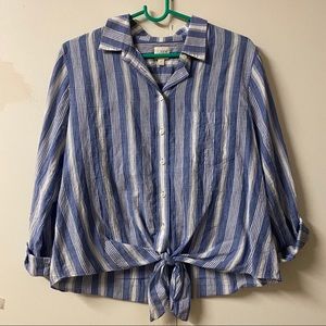 J Crew Blue & White Linen Striped Shirt w/ Tie-Hem